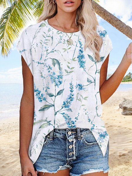 

Floral Vacation Crew Neck Short Sleeve T-Shirt, White, T-Shirts
