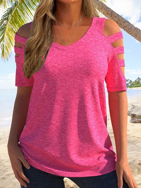 

Hollowed out off shoulder design holiday top T-shirt tunic plus size, Rose red, T-Shirts