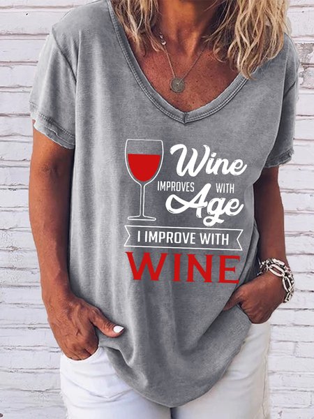 Wine Funny Saying Print V-neck T-shirt, Gray, T-shirts