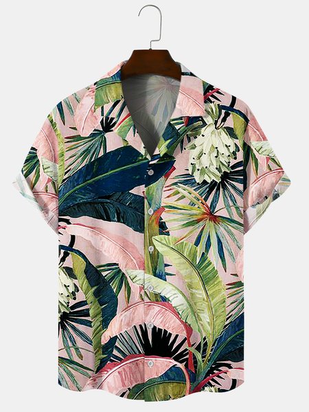

Casual Plants Shirt Collar Short Sleeve Shirts, Pink, Shirts ＆ Blouse