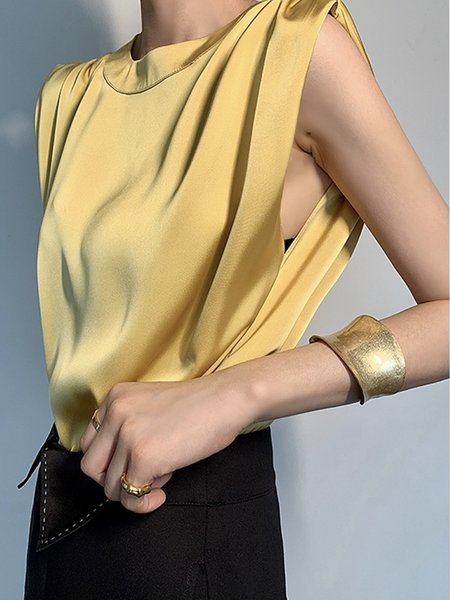 

Daily Satin Elegant Crew Neck Short Sleeve Top, Yellow, Blouses and Shirts