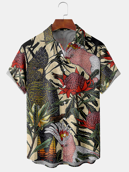 

Men's Parrot Floral Print Casual Fabric Fashion Pocket Hawaiian Lapel Short Sleeve Shirt, Green, Men's Floral shirt
