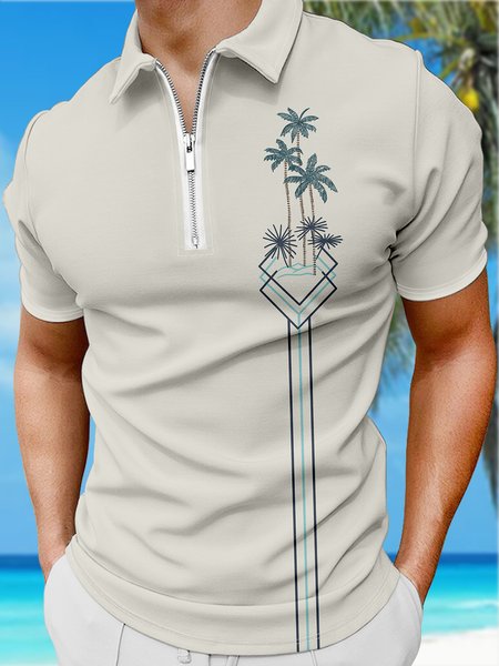

Resort-Style Hawaiian Botanical Coconut Stripe Geometric Pattern Lapel Short-Sleeved Polo Print Top, Light khaki, Men's t-shirts