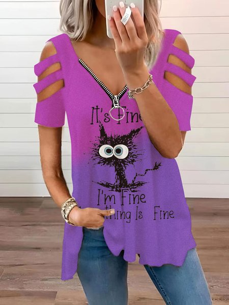 

It's Fine I'm Fine Everything Is Fine Printed Shoulder Loose Blouse Tops, Purple, Shirts & Blouses