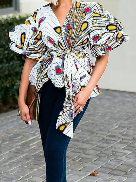 Feather Regular Fit V Neck Short Sleeve Tops, Multicolor, Tops