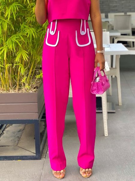 

Elegant Daily Color Block Straight Leg Pants, Rose red, Wide Leg Pants