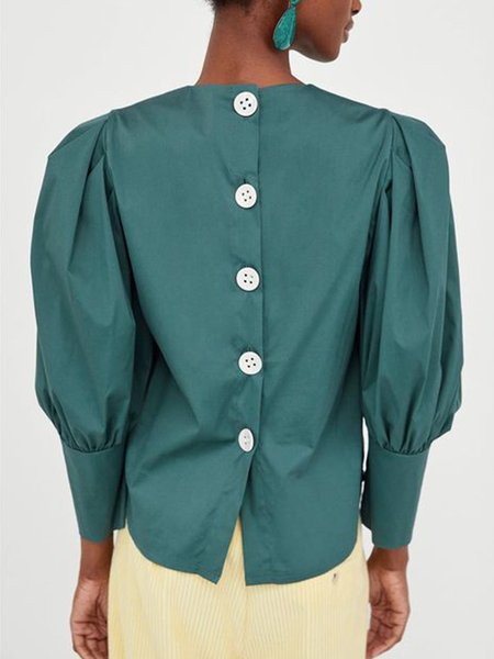 

Simple Crew Neck Long Sleeve Blouse, Cyan, Blouses and Shirts