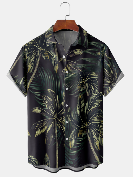 

Men's Botanical Floral Print Moisture Wicking Fabric Fashion Pocket Hawaiian Lapel Short Sleeve Shirt, Green, Men's Floral shirt