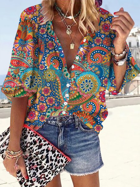 

Folk pattern Paisley button loose top shirt plus size, Multicolor, Shirts & Blouses