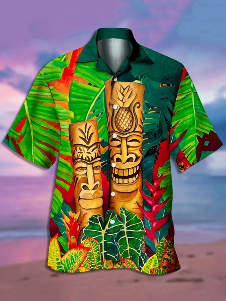 

Men's TIKI Print Casual Short Sleeve Hawaiian Shirt, Green, Men's Floral shirt