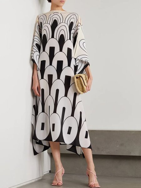 

Printed Elegant Boat Neck Midi Dress, Black-white, Midi Dresses