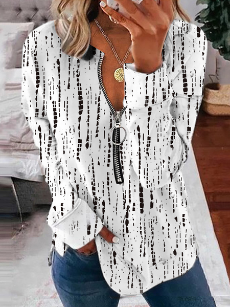 

Casual V Neck Geometric Off Shoulder Sweatshirts, White, Long sleeve tops