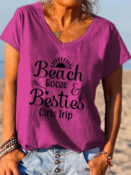 

Beach Booze Besties Girls Trip Weekend V-neck T-shirt, Rose red, T-shirts