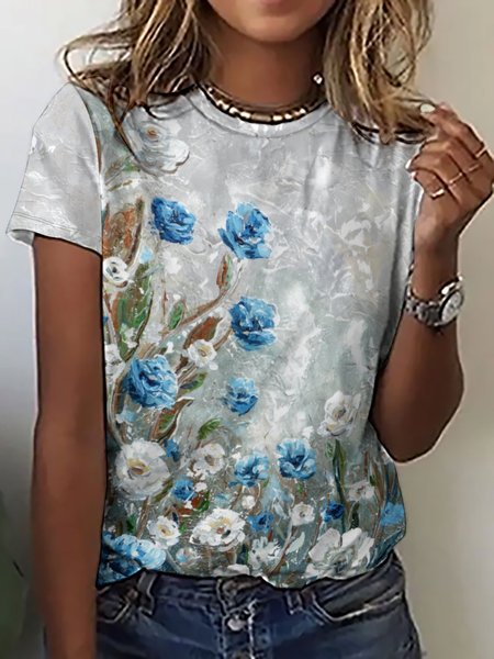 

Casual Abstract Floral Print Crew Neck T-Shirt, As picture, T-shirts