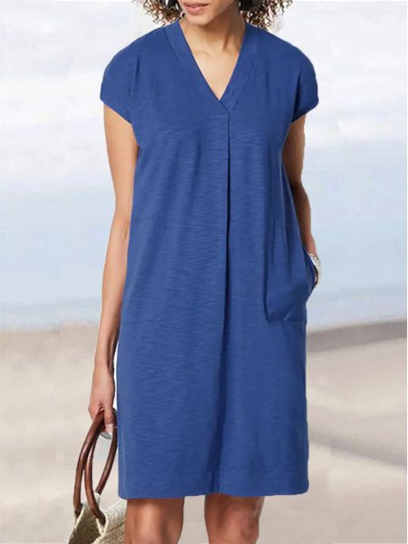 Cotton Blends Solid V Neck Dresses, Blue, Dresses