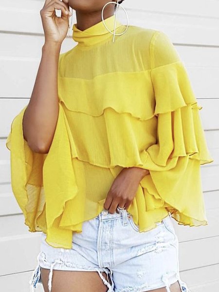 

Elegant Regular Fit Plain Long Sleeve Top, Yellow, Blouses and Shirts