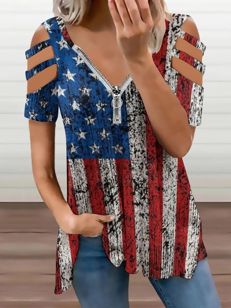 

Womens American Flag Print V Neck Casual Short Sleeve Top, As picture, Blouses