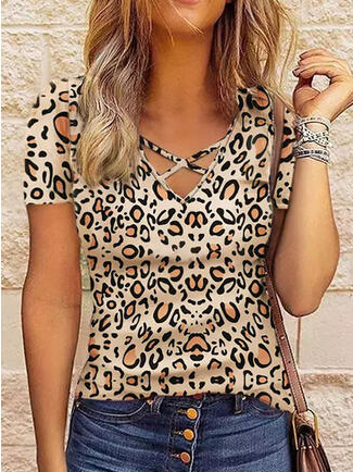 

Leopard Casual V Neck Jersey T-Shirt, Multicolor, T-Shirts