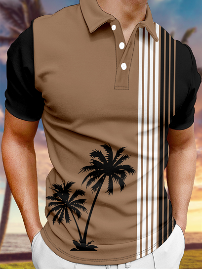 

Resort-Style Hawaiian Botanical Coconut Stripe Geometric Pattern Lapel Short-Sleeved Polo Print Top, Brown, Men's t-shirts
