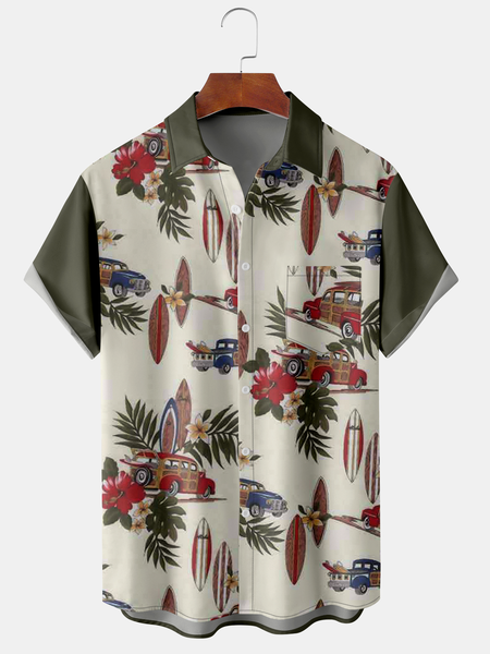 

Men's Coconut Tree Floral Print Casual Fabric Fashion Pocket Hawaiian Lapel Short Sleeve Shirt, Green, Men's Floral shirt