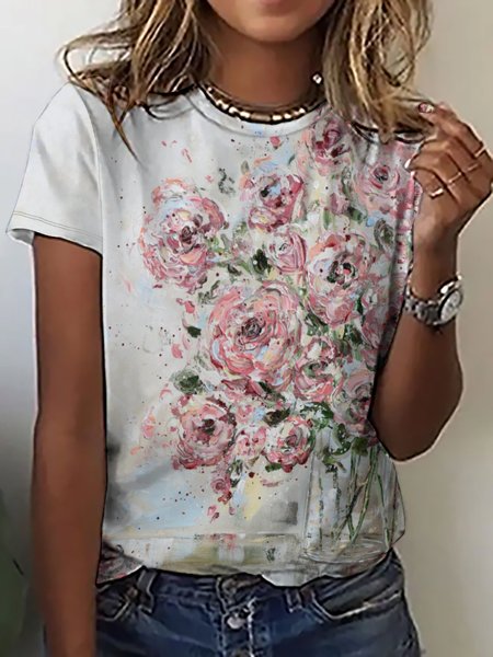 

Casual Simple Floral Print Crew Neck T-Shirt, As picture, T-shirts