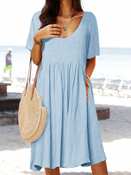 

Plain Casual Cotton Blends Short Sleeve Woven Dress, Light blue, Midi Dresses