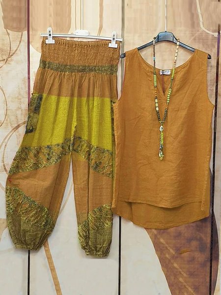 

JFN Cotton & Linen leprosy elastic waist loose sleeveless top pants two piece suit plus size, Mustard, Suit Set