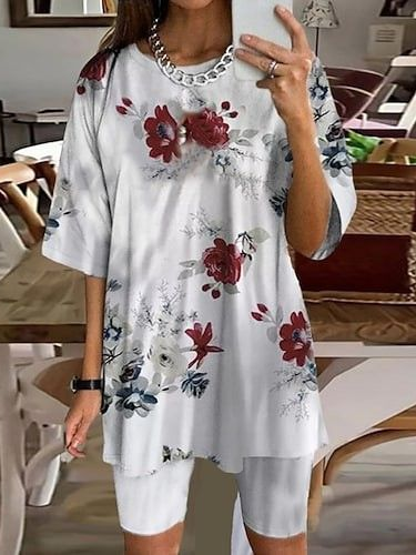 

Floral Crew Neck Two Piece Sets, Multicolor, Suit Set