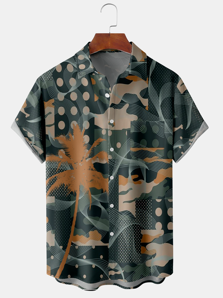 

Men's Coconut Tree Floral Camo Print Casual Fabric Fashion Pocket Hawaiian Lapel Short Sleeve Shirt, Green, Men's Floral shirt