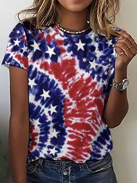 

American flag Tie Dry Print Crew Neck Short Sleeve T-Shirt, As picture, T-shirts