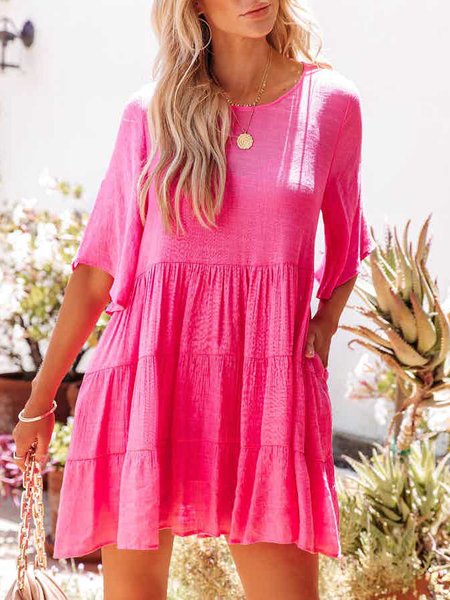 

Loosen Solid Crew Neck Dresses, Rose red, Dresses