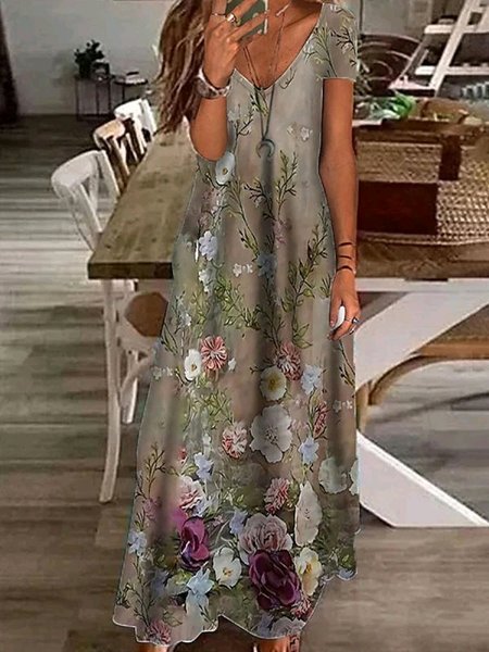 

V Neck Vacation Cotton Dress, Multicolor, Dresses