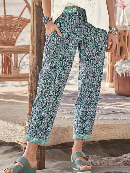 

ethnic print Loosen Boho Casual Pants, Green, Pants