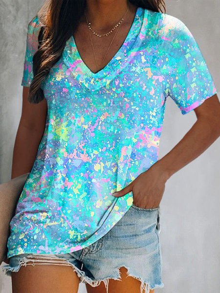 Casual V Neck Ombre T-Shirt, Blue, T-Shirts