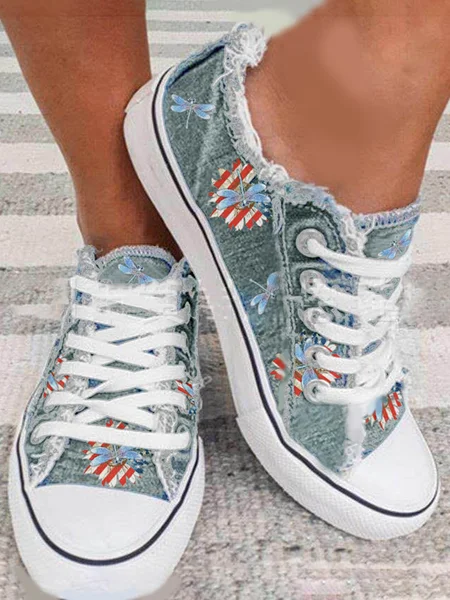 

American Flag Dragonfly Lace Up Sneakers Dark Grey Wash Denim Espadrilles, Deep gray, Flats