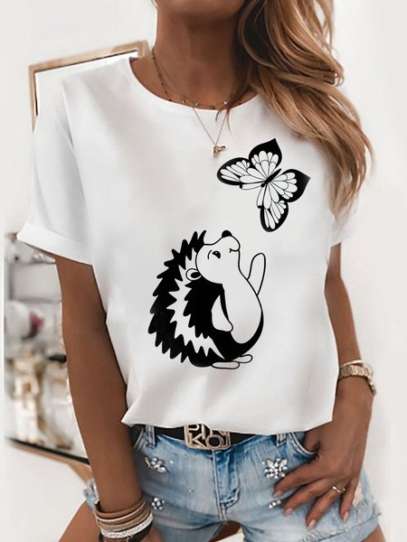 

Hedgehog Printed Casual Round Neck Short Sleeve T-Shirt, White, T-Shirts