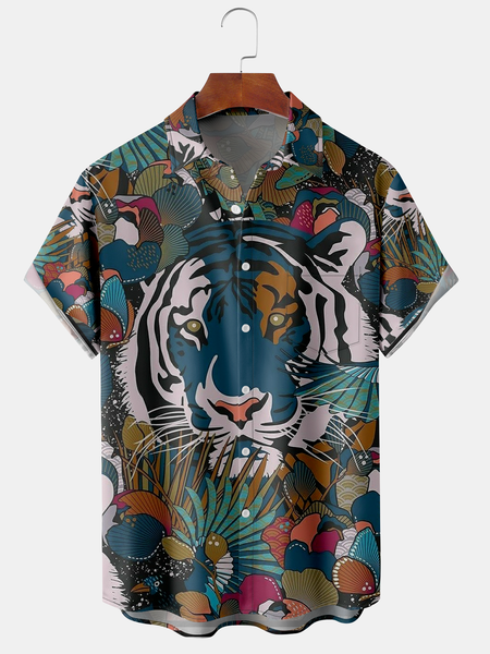 

Men's Animal Floral Print Casual Fabric Fashion Pocket Hawaiian Lapel Short Sleeve Shirt, Blue, Men's Floral shirt