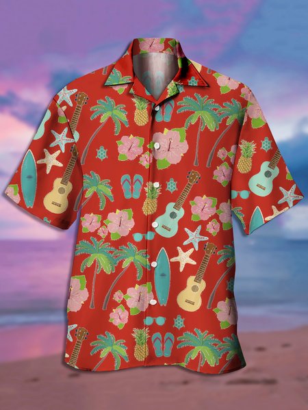 

Men's Guitar Print Casual Short Sleeve Hawaiian Shirt, Red, Men's Floral shirt