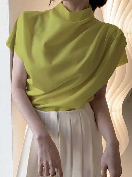 

White Daily Plain Simple Short Sleeve Top, Yellow, Blouses and Shirts