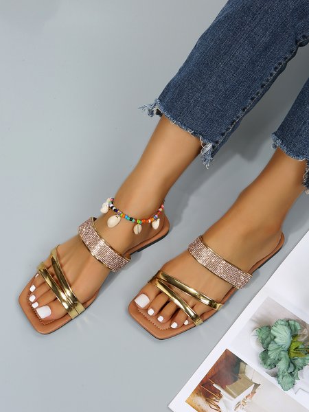 

Rhinestone Gold Tape Square Sandals, Golden, Slippers