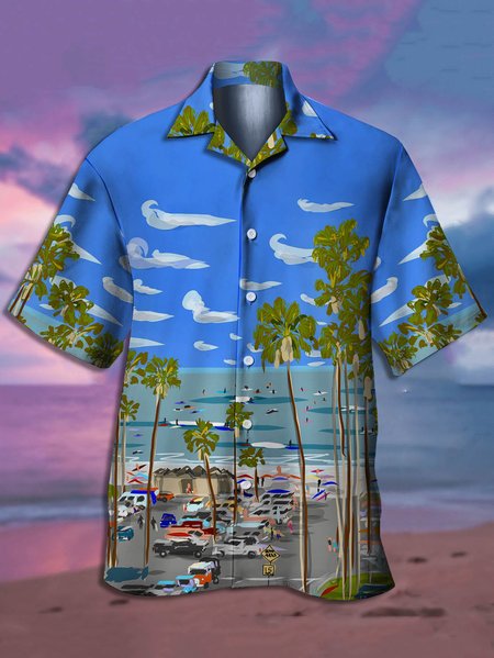 

Men's Beach Surf Resort Print Casual Fabric Hawaiian Collar Short Sleeve Shirt, Blue, Men's Floral shirt