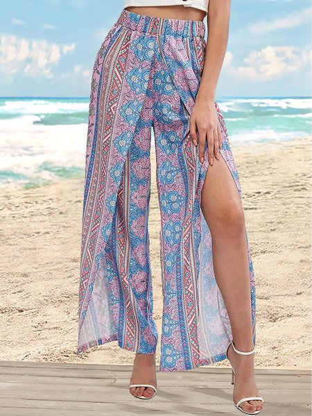 

Bohemian Casual Geometric Elastic Waist Slit Wide Leg Pants, Multicolor, Pants