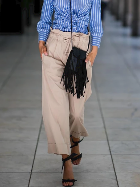 

Summer Lightweight Straight Leg Loosen Plain Daily Leggings, Khaki, Wide Leg Pants