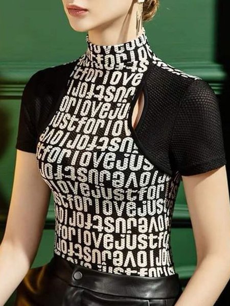

High Neck Letter Regular Fit T-Shirt, Black, Tees