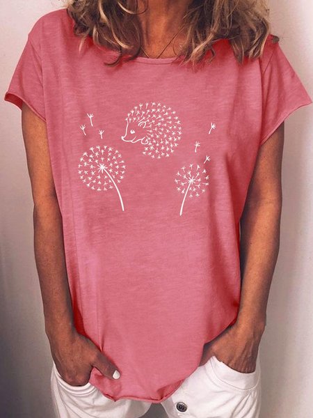 

Hedgehog Dandelion Printed Casual Round Neck Short Sleeve T-Shirt, Pink, T-Shirts
