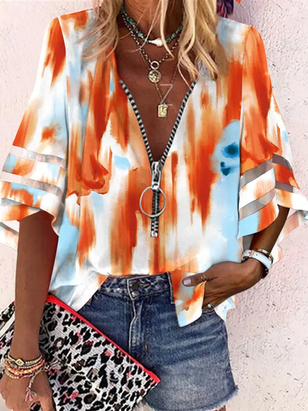 

Casual Ombre V Neck Flare Sleeve Blouse, Multicolor, Shirts & Blouses