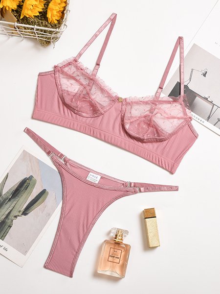 

JFN Lace Mesh Eyelashes Lace Sling Lingerie Set, Pink, Bra & Bra Sets