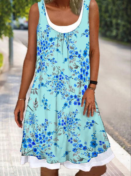 

Casual Regular Fit U-Neck Floral Dresses, Blue, Dresses
