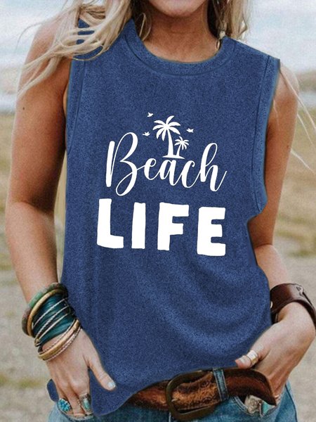 

Beach Life Coconut Tree Print Crew Neck Top, Light blue, Tank Tops