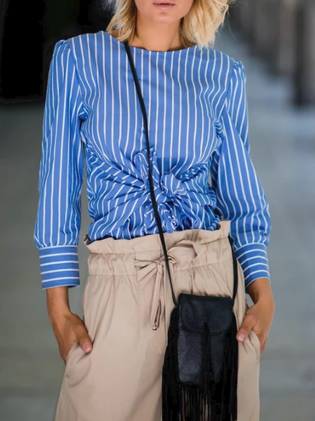 

Summer Crew Neck Lightweight Crew Neck Elegant Daily Tops, Stripe-blue, Tops